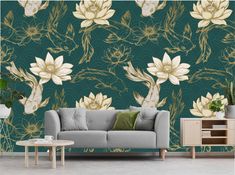 a living room scene with focus on the couch and wallpaper that looks like flowers