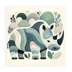 an illustration of a rhino with swirls and leaves on it's back side