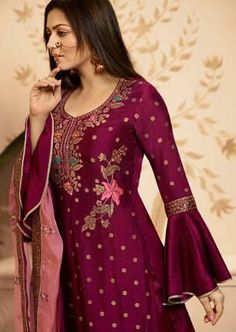 Magenta Designer Embroidered Silk Jacquard Palazzo Suit-Saira's Boutique Elegant Embroidered Brocade Salwar Kameez, Elegant Jacquard Traditional Wear For Festive Occasions, Intricate Embroidery Brocade Fabric, Fitted Embroidered Art Silk Palazzo Set, Elegant Embroidered Brocade Sharara, Fitted Brocade Sets With Floral Embroidery, Fitted Silk Palazzo Set With Intricate Embroidery, Floral Embroidered Brocade Sets, Elegant Jacquard Long Sleeve Sets