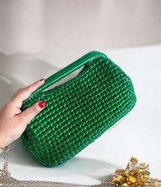 Emerald Green Metallic Pouch Raffia Leather Clutch Hand Bag - Etsy Elegant Hand Knitted Rectangular Shoulder Bag, Elegant Rectangular Crochet Bag, Elegant Hand Knitted Crochet Bag For Gift, Crocheted Pouch Bag For Party, Elegant Hand-knitted Crochet Bag For Gift, Elegant Hand Knitted Rectangular Crochet Bag, Party Bags With Braided Handles And Rectangular Shape, Rectangular Party Bags With Braided Handles, Handwoven Clutch Bag For Party