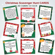 the christmas scaver hunt cards are in red and green with white writing on them