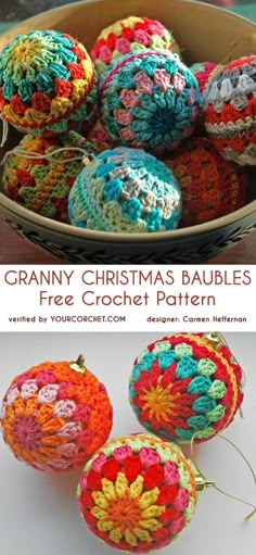 crochet christmas baubles are in a bowl with the title overlay that says granny's christmas baubles free crochet pattern