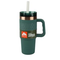 a green travel mug with a straw in it