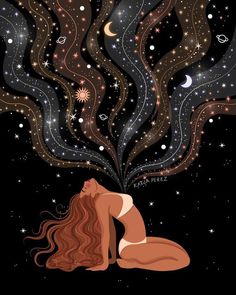 a woman with long hair sitting on the ground in front of stars and swirls