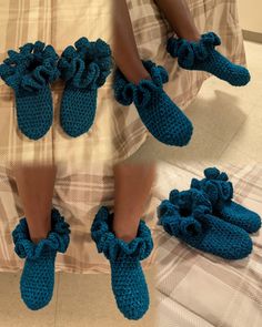 four pairs of crocheted slippers with ruffles on them