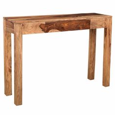 a wooden table with two legs and a drawer on the top, against a white background