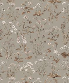 a wallpaper with flowers and plants on it in grey tones, including white daisies