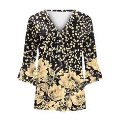 Women's Vintage Floral Print V-Neck Mid Sleeve Pullover T-Shirt Stretch V-neck Top With Graphic Print, Stretch V-neck Tops With Graphic Print, Casual V-neck Split Neck Top For Fall, Casual Split Neck V-neck Top For Fall, Casual Split Neck Tops For Fall, Stretch V-neck Printed Blouse, Fall V-neck T-shirt, Casual V-neck Blouse With Graphic Print, Black Split Neck Top For Spring