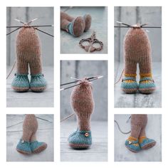 there are several pictures of the legs and feet of someones knitted booties