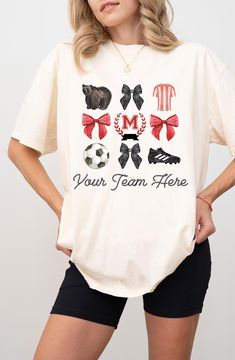 ✨A proof will be sent to you before printing! ✨ Celebrate your soccer team's spirit with a touch of charm! Our Custom Bow Soccer Team Shirt is designed for those who love the game and appreciate a little extra flair. This shirt features a beautifully crafted bow in your team's colors, perfectly placed to add a feminine touch to your game day outfit. Features: - Premium Quality: Made from soft, breathable fabric for all-day comfort. - Custom Design: Personalize with your school's colors and name for a unique touch. - Stylish Bow: Adorned with a coquette-inspired bow that adds a feminine flair to your sporty look. - Versatile Wear: Perfect for game days, school events, or casual outings. Custom Print T-shirt For Sports Events, Soccer Spirit Wear, Football Season Cotton Sublimation Design With Team Name, Team-colored T-shirt With Custom Print For Team Events, Team-colored Custom Print T-shirt With Short Sleeves, Custom Print T-shirt For Football Season Team Events, Team-colored Custom Print Short Sleeve T-shirt, Collegiate T-shirt With Custom Print, White Team Spirit Shirt With Team Name