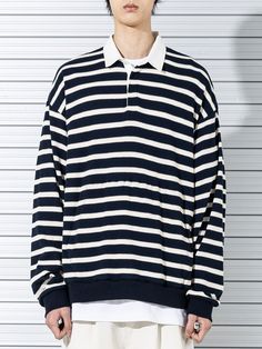 Editor's NotesRUGBY WAFFLE STRIPE CREWNECK MSTLS002 NAVY from MASSNOUN is a striped overfit long-sleeved T-shirt made with made of waffle texture fabric. It was created by interpreting modern society in a trendy mood.- Over-sized fit- Dropped shoulder- Collar detail- High quality stitchesMeasurements (in.)- M / L- Length: 27.9 / 28.7 in.- Shoulder: 22.4 / 24.8 in.- Chest: 25.1 / 26.7 in.- Sleeve length: 24.4 / 24.8 in.*Model Information- Height: 6'1 Weight: 143.3 lbs. Size: LComposition & Ca Striped Relaxed Fit Sweatshirt For Streetwear, Navy Relaxed Fit Crew Sweater, Casual Crew Neck Sweater With Striped Collar, Casual Striped Sweatshirt With Ribbed Collar, Navy Long Sleeve Tops With Contrast Stripes, Navy Horizontal Stripe Crew Neck Top, Navy Casual Crew Neck Sweater, Casual Sweater With Striped Collar, Striped Crew Neck Sweatshirt With Ribbed Collar