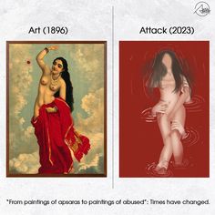 two paintings of women in red and gold, one with an image of the same woman