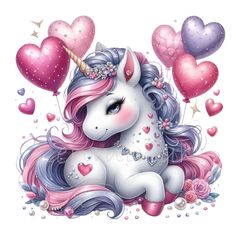 a white unicorn with pink mane and hearts