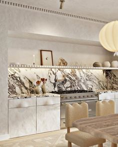 a kitchen with marble counter tops and white cabinets, along with beige chairs around a wooden dining table