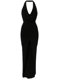 Black Long Dress V Neck, Formal Black Attire Women, Ruched V-neck Elastane Maxi Dress, Vampire Core, Ruched Gown, Black Flower Dress, Expensive Dresses, Expensive Things, Black Dresses Classy