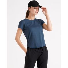 The ultimate do-everything Tee Shirt - perfect for running, yoga, travel or just lounging. Our insanely-soft Flowknit fabric is not only sustainable, but jam-packed with performance features like moisture wicking and anti-odor for ultimate versatility. Built for next-level comfort for everyday wear or if you’re on the move, we dare you to take this off. | Quince | Women's Super Soft Performance T-Shirt in Navy, Flowknit Activewear, Size X-Small, 100% Polyester Squat Proof Leggings, Yoga Travel, Running Yoga, Active Top, Bootcut Pants, Cable Sweater, Just Run, Dress Pant, Hot Weather