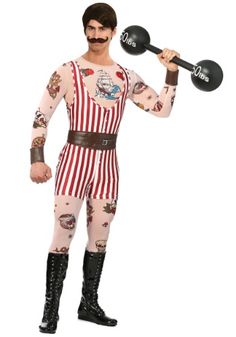 a man in a circus outfit holding a frying pan