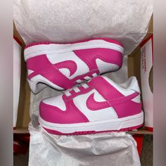 Brand New In Box Nike Dunk Low White Laser/Fushia 5c Cute Pink Low-top Sneakers, Playful Pink Sneakers With Soft Sole, Pink Sports Sneakers With Soft Sole, Pink Sneakers With Soft Round Toe, Pink Sneakers With Soft Sole And Round Toe, Pink Sneakers With Soft Sole For Sports, Pink Soft Sole Sneakers For Sports, Cute Pink Sneakers For Sports, Fuchsia Color