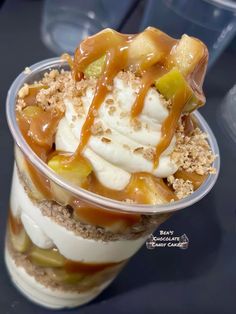 an ice cream sundae with caramel sauce and toppings