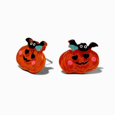 Claire's Friendly Pumpkin & Bat Stud Earrings Playful Halloween Earrings For Gift, Playful Halloween Earrings For Gifts, Playful Halloween Earrings As A Gift, Fun Orange Earrings For Halloween, Fun Orange Halloween Earrings, Playful Orange Party Jewelry, Cute Orange Earrings For Halloween, Cute Orange Halloween Earrings, Novelty Jewelry For Halloween Costume