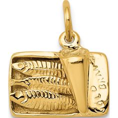 Material:  Primary - Purity: 14KFinish: Polished & BrushedLength of Item: 15 mmCharm/Element Length: 10 mmFeature: 3DMaterial:  Primary: GoldWidth of Item: 15 mmProduct Type: JewelryJewelry Type: Pendants & CharmsSold By Unit: EachPendant/Charm Type: ThemedGender: Men'sMaterial:  Primary - Color: YellowBail Length: 4 mmFeature 2: Moveable Sardine Can, The Bling Ring, Bow Jewelry, Timeless Accessories, Gold Polish, Fine Jewelry Gift, Schmuck Design, Gold Charm, Monster High