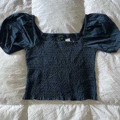 Nwt! J. Crew Top. Size M. Cropped With A Smocked Bodice And Puffy Sleeves. Deep Midnight Color. So Cute! Midnight Color, Ruffled Crop Top, Bow Tie Top, Polka Dot Crop Top, Cropped Button Down, Orange Crop Top, Puff Sleeve Crop Top, Ruffle Crop Top, Cotton Crop Top