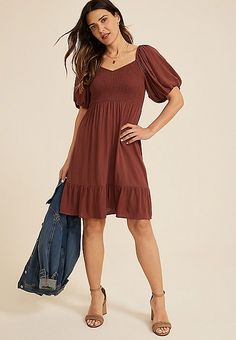 Sweetheart Bubble Short Sleeve Mini Dress | maurices Knee-length Cotton Ruched Mini Dress, Knee-length Ruched Cotton Dress, Knee-length Cotton Ruched Dress, Fall Flowy Puff Sleeve Dress, Trendy Knee-length Puff Sleeve Dress, Trendy Spring Dress In Solid Color, Trendy Solid Color Spring Dress, Fall Puff Sleeve Knee-length Dress For Day Out, Casual Flowy V-neck Puff Sleeve Dress