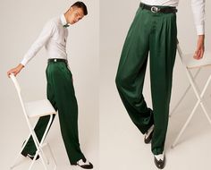 Men Argentine Tango pants, Men latin dance pants, Forest green men pants, Men wide formal pants, Men wedding guest pants, Men trousers Forest Green Crepe Satin Tango Pants With 4 Pleats, Men's Forest Green Crepe Satin Tango Pants Fine quality satin dress pants with pleated front. Light, soft and comfortable is a great choice for dancing and for formal events. Make a bold fashion statement with this pair of pants in forest green color that complements a unique sense of style. The eye-catching pat Green Trousers Men Outfits, Silk Trousers Outfit, Prom Pants, Green Trousers Outfit, Wedding Guest Pants, Trousers Outfit Men, Tango Pants, Silk Dress Pants, Satin Outfit