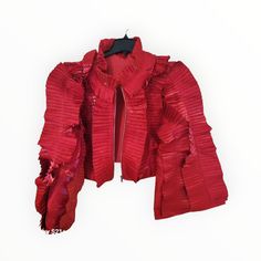 Red Ruffled Bomber Jacket Red Fitted Cropped Jacket For Spring, Fitted Red Cropped Jacket For Spring, Red Spring Party Outerwear, Spring Party Red Outerwear, Upcycled Denim, Coats Jackets, Bomber Jacket, Jackets For Women, Jackets & Coats