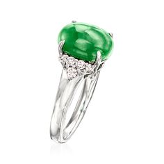 Ross-Simons - C. 1990 Vintage Jade, .24ct t. w. Diamond Ring Oval Cut in 18kt White Gold. Size 6.75. C. 1990. No matter the season, earth-toned jewelry can effortlessly tie your whole outfit together. This alluring ring from our Estate collection showcases a deeply saturated 10x8mm oval jade cabochon graced by the light of sparkling .24 ct. t. w. round brilliant-cut diamond crescents at either side. Crafted in 18kt white gold. 3/8" wide. Diamond and jade ring. Exclusive, one-of-a-kind Estate Jew Diamond Ring Oval, Jade Jewellery, Emerald Jewellery, Jade Ring, Ring Oval, Jade Jewelry, Emerald Jewelry, Round Brilliant Cut Diamond, Estate Jewelry