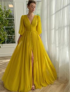 Drape Gowns, Prom Dresses Yellow, V Neck Prom Dresses, Evening Dress Fashion, Custom Size Dresses, Gown Prom, Ball Gowns Prom, Prom Dresses Ball Gown, Dresses Elegant