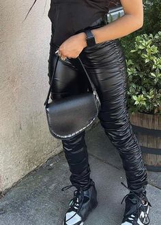 PU Leather Statement Ruched Pants ✔️ Has lots of stretch Tie String Bottom Ruched Look Modern Flare Bottom (Has no pockets) Leather Black Pants, Ruched Pants, Chic Type, Tankini Swimsuits, Faux Leather Pants, Fashion Fabric, High Waisted Pants, Lingerie Set, Bottoms Pants