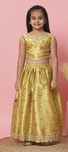 Gold color Kids Lehenga in Art Silk fabric with Bandhej, Lace, Printed, Tye n Dye work Bollywood Party Sets With Motifs, Party Choli With Motifs For Eid, Diwali Party Anarkali Set With Motifs, Festive Party Lehenga With Motifs, Yellow Festive Sets With Motifs, Festive Yellow Sets With Motifs, Festive Party Sets With Motifs, Yellow Sets With Motifs For Eid, Gold Lehenga With Motifs For Party