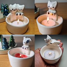 four different pictures of small candles in ceramic bowls with cats on them, one holding a candle and the other holding a cat figurine