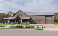 this is a computer rendering of a house with garages and flowers in the front yard