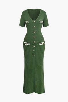 Ribbed Knit V-neck Midi Dress Casual Ribbed V-neck Dress, Casual V-neck Ribbed Dress, Ribbed Knit V-neck Dress, Fitted V-neck Ribbed Midi Dress, Chic Green V-neck Sweater Dress, Fitted V-neck Knit Midi Dress, V-neck Ribbed Sweater Dress For Work, Green V-neck Sweater Dress For Spring, Midlife Fashion