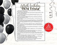 a birthday card with balloons and streamers in the shape of an envelope for 1974 trivia