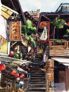 Building Watercolor Painting, Building Watercolor, Japan Building, Building Sketch, Building Painting, Building Illustration, Japan Street