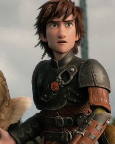 an animated image of a young man in armor and holding a stuffed animal on his shoulder