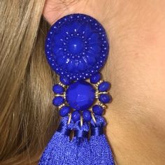 A Pair Of Bright Cobalt -Blue Statement Earrings Featuring A Decorative Disc, Beaded Center, Triple Tassel Drop, And Post. Back Closures These Are New And In Original Packaging They Have Never Been Worn Or Tried On Blue Fringe Tassel Earrings For Party, Adjustable Blue Tassel Earrings For Parties, Blue Fringe Earrings For Party, Elegant Blue Fringe Earrings, Elegant Blue Fringe Jewelry, Blue Fringe Beaded Earrings For Party, Handmade Blue Tassel Earrings For Party, Club Earrings, Blue Statement Earrings