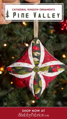 Add a special handmade touch to your tree with the Cathedral Windows Ornaments made with the lovely Pine Valley fabric collection from Moda Fabrics. The creation of the cathedral window effect is easier than it appears – using festive Christmas fabrics, these three ornaments come together quickly.