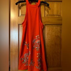 Beautiful Orange/Tangerine Halter Dress! Nwt! Size M! Embroidered Flowers! Orange Embroidered Summer Dress, Orange Floral Embroidered Party Dress, Orange Sleeveless Dress With Floral Embroidery, Sleeveless Orange Dresses With Floral Embroidery, Orange Embroidered Fitted Dress, Fitted Orange Embroidered Dress, Fitted Embroidered Orange Dress, Steampunk Corset Dress, Black Gothic Dress