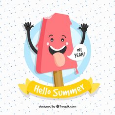 an ice cream popsicle with the words hello summer written on it, and two hands up in the air