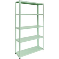 a green shelving unit with four shelves