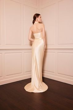 Jolie Champagne Halter-Neck Gown | Over The Moon Luxury Satin Formal Gown, Luxury Satin Gown For Formal Occasions, Luxury Satin Gown For Banquet, Luxury Satin Gown For Banquets, Luxury Satin Gown With Fitted Bodice, Classic Silk Evening Gown, Classic Gown With Fitted Bodice For Evening, Classic Evening Gown With Fitted Bodice, Luxury Silk Formal Gown