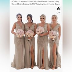 four bridesmaids pose for a photo in front of a crowd at a wedding