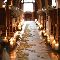 pillar candles and white rose petals line an aisle in a church for a wedding ceremony Beautiful Wedding Aisle, Wedding Aisle Candles, Ceremony Decorations Indoor, Candle Light Wedding, Aisle Candles, Pillar Candles Wedding, Candlelit Wedding, Candle Lit Wedding