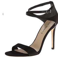 Brand New, Comes W/Original Box. No Dust Bag. Black Ankle Strap Sandals For Events, Black Heels With Buckle Closure For Gala, Evening Sandals, Satin Heels, Tiara, Original Box, Dust Bag, Satin, Women Shoes