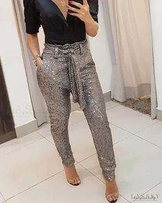 Lasaky - Sequin wrap long pants Vegas Fashion, Sequin Pants, Sequin Jumpsuit, Party Pants, Long Trousers, Black High Waist, Pencil Pants, Tapered Pants, Trend Fashion