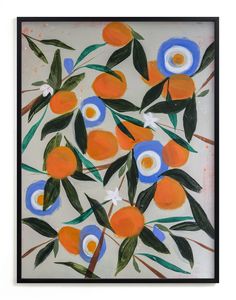 a painting with oranges and blue flowers on it